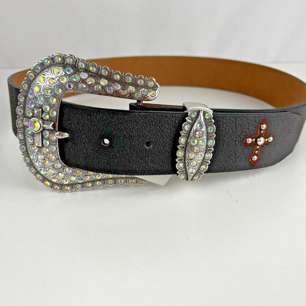 Justin Womens Rhinestones Belt Bling 32 Leather Western Cross Buckle Cowgirl NEW